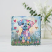 Patchwork-Welpe zum Valentinstag Feiertagskarte (Stehend Vorderseite)