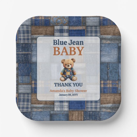 Patchwork Western-Denim-Bär Blaues Jeans-Baby-Part Pappteller (Vorderseite)