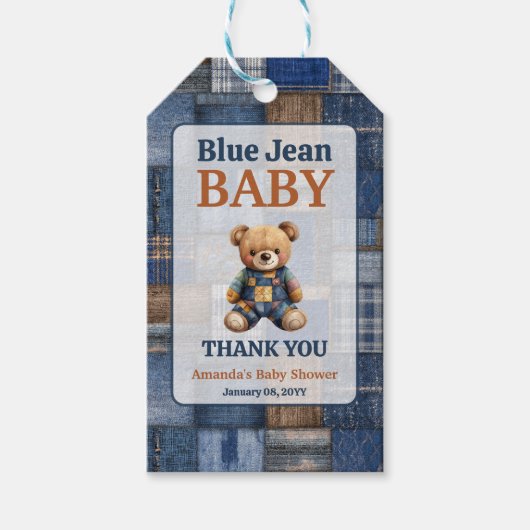 Patchwork Western Denim Bear Blue Jean Baby Shower Geschenkanhänger (Vorderseite)