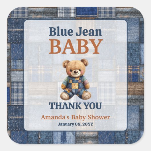 Patchwork Western Denim Bear Blue Jean Baby Shower Quadratischer Aufkleber (Vorderseite)