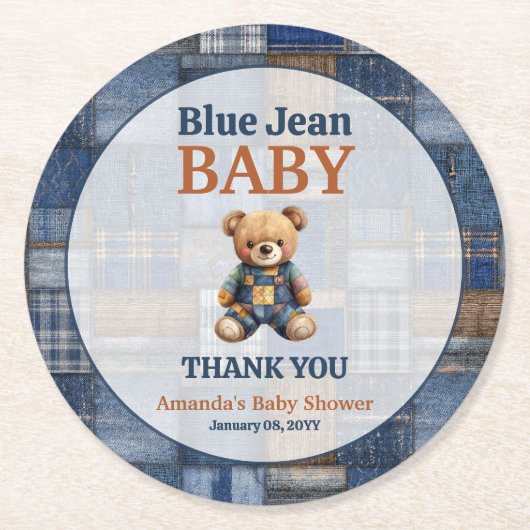 Patchwork Western Denim Bear Blue Jean Baby Shower Runder Pappuntersetzer (Vorderseite)