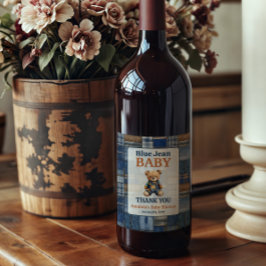 Patchwork Western Denim Bear Blue Jean Baby Shower Weinetikett