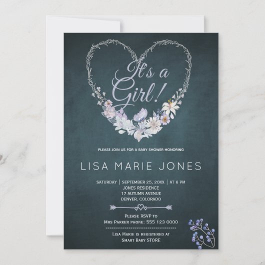 Patel blüht Herzkranz blaue Babydusche Einladung (Vorderseite)