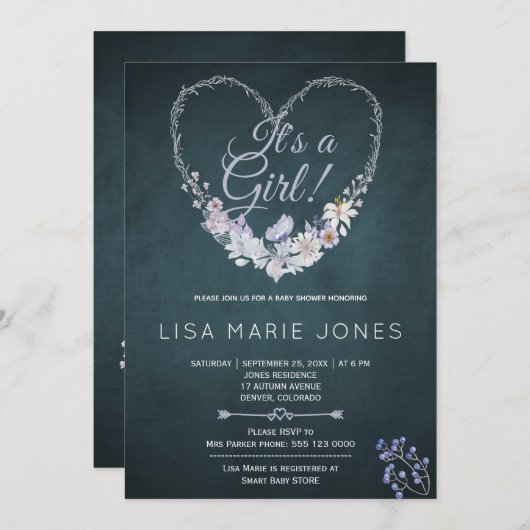 Patel blüht Herzkranz blaue Babydusche Einladung (Vorne/Hinten)