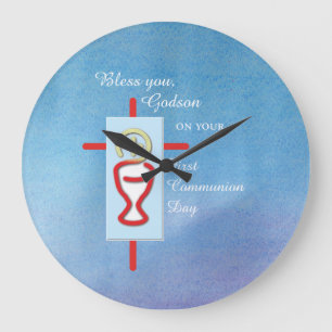 Patenkind, Erste heilige Kommunion, Blau Große Wanduhr