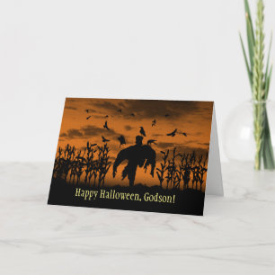 Patenkind Halloween Vogelscheuche und Raben Feiertagskarte