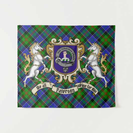 Paterson Clan Abzeichen & Unicorns w/Tartan Wandteppich (Vorderseite (Horizontal))