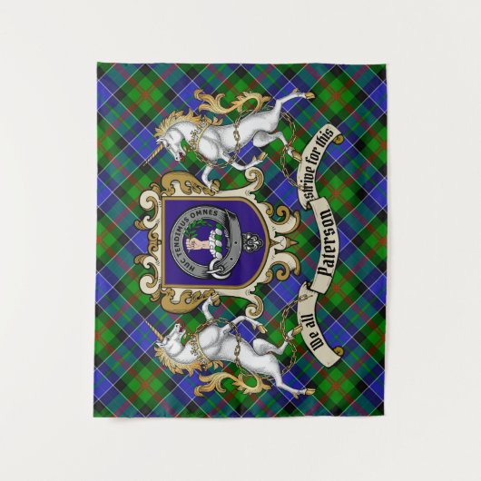 Paterson Clan Abzeichen & Unicorns w/Tartan Wandteppich (Vorderseite)