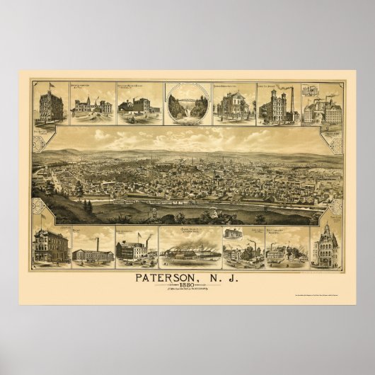Paterson, NJ Panoramic Map - 1880 Poster (Vorne)