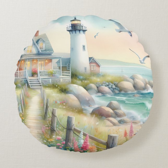 Pathway to the Lighthouse Coastal Cottage Rundes Kissen (Vorderseite)