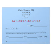 Patient entschuldigen Form Notepad (blau) Notizblock (Vorderseite)