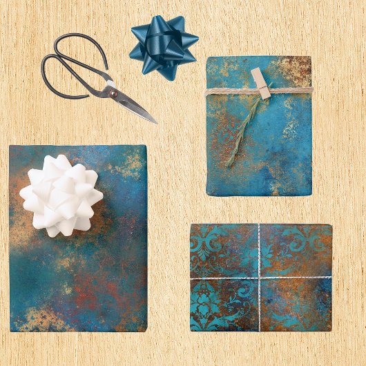 Patina Copper Turquoise Floral Distressed Geschenkpapier Set