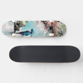 Patineta con Mujer Bajo la Lluvia en Arte Acuarela Skateboard (Horizontal)