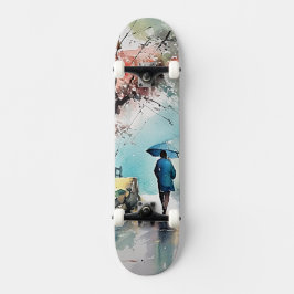 Patineta con Mujer Bajo la Lluvia en Arte Acuarela Skateboard