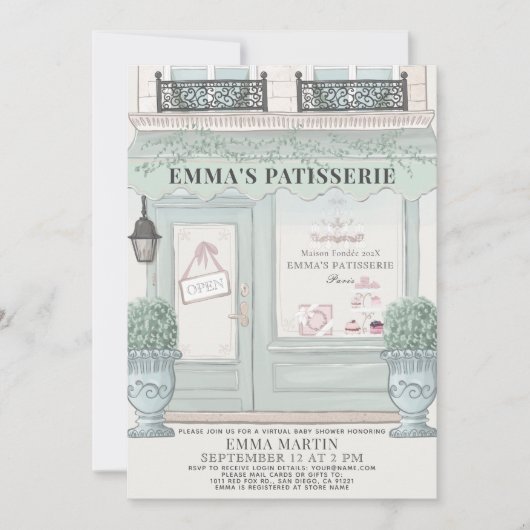 Patisserie Green Virtual Baby Dusche Einladung (Vorderseite)