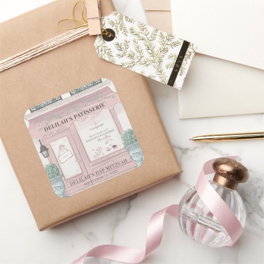 Patisserie Paris Pink Bat Mitzvah Quadratischer Aufkleber (Schenken)