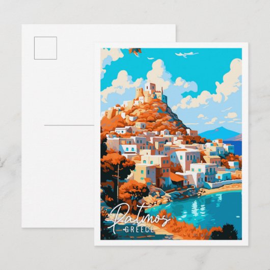 Patmos Greece Vintage Reise Illustration Postkarte (Vorne/Hinten)