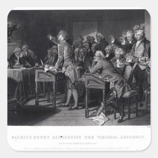 Patrick Henry vor der Virginia-Versammlung Quadratischer Aufkleber (Vorderseite)