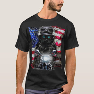 Patriot Fluffy Black Cat auf Motorrad mit Flagge T-Shirt