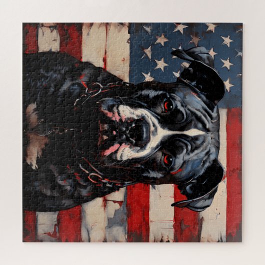 Patriot Pitbull mit amerikanischer Flagge 4. Juli Puzzle (Horizontal)