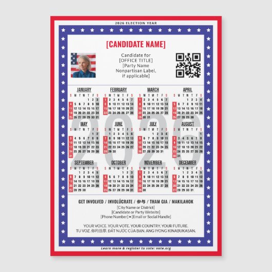 Patriotic 2026 Political Election QR Code Calendar Magnetkarte (Vorderseite)