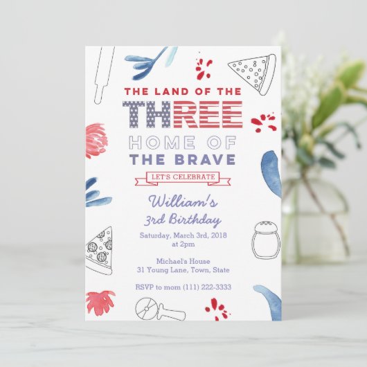 Patriotic 3. Geburtstag Pizza Party Einladung (Stehend Vorderseite)