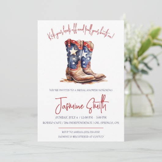 Patriotic 4. Juli, Cowgirl Boots Brautparty Einladung (Stehend Vorderseite)