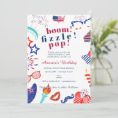 Patriotic 4. Juli Vierte Boom Fizzle Pop GRILLEN Einladung (Stehend Vorderseite)