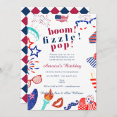 Patriotic 4. Juli Vierte Boom Fizzle Pop GRILLEN Einladung (Vorne/Hinten)