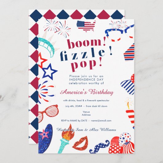 Patriotic 4. Juli Vierte Boom Fizzle Pop GRILLEN Einladung (Vorne/Hinten)