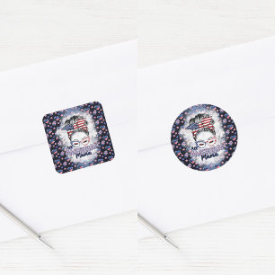 Patriotic All American Mama Messy Bun Quadratischer Aufkleber