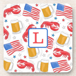 Patriotic America Flag Beer Lobster Monogram Getränkeuntersetzer