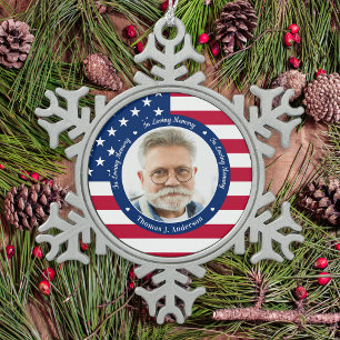 Patriotic American Flag Custom 2 Foto Memorial Schneeflocken Zinn-Ornament