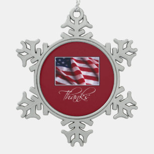 Patriotic American Flag Danke an Red Schneeflocken Zinn-Ornament