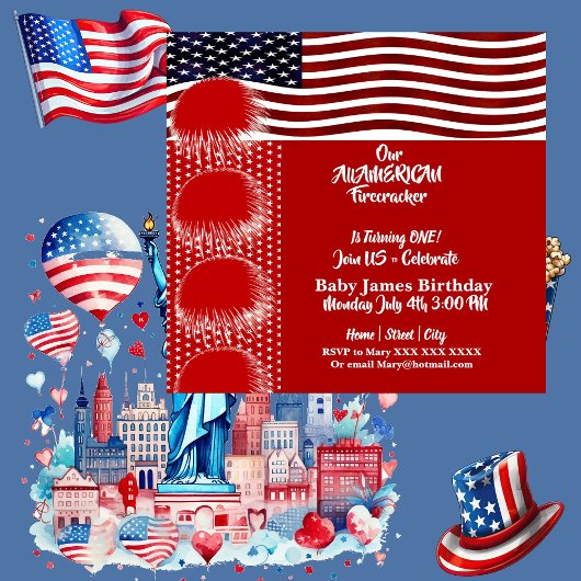 Patriotic American Flag Firecracker Birthday Boy Einladung