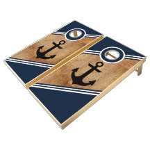 Patriotic Anchor Navy Blue & White Stripes Cornhol