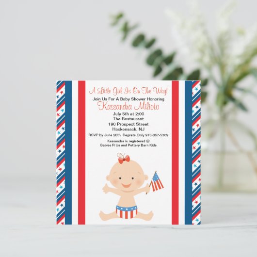 Patriotic Baby Girl Wave Flag Babydusche Einladung (Stehend Vorderseite)