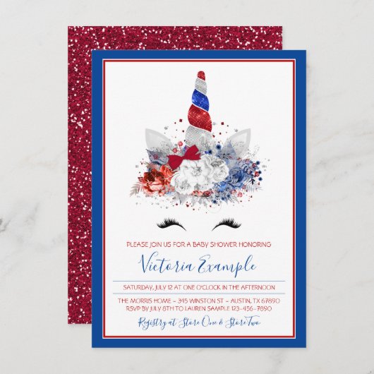 Patriotic Baby Shower Unicorn Red White Blue Baby Einladung (Vorne/Hinten)