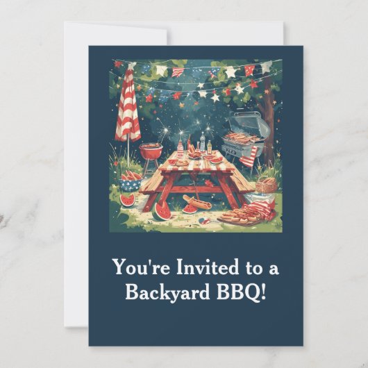 Patriotic Backyard BBQ Scene – 4th of July Cookout Einladung (Vorderseite)