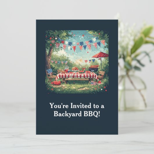Patriotic Backyard BBQ Scene – 4th of July Einladung (Stehend Vorderseite)
