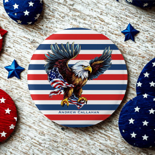 Patriotic Bald Eagle Flag Red White & Blue Streife Button