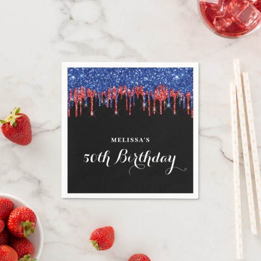 Patriotic Birthday Elegante Blue Red Glitzer Tropf Serviette (Beispiel)