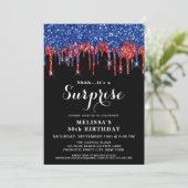 Patriotic Birthday Red Blue Glitzer Surprise Party Einladung (Stehend Vorderseite)