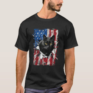 Patriotic Black Cat Torn American Flag 4. Juli T-Shirt