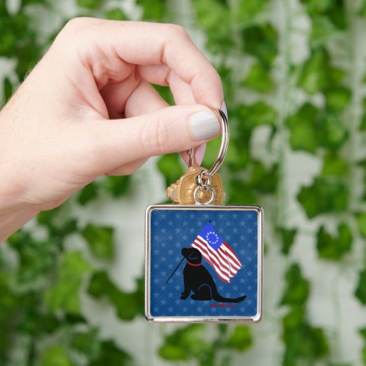 Patriotic Black Lab American Flag Key Chain Silver Schlüsselanhänger (Hand)