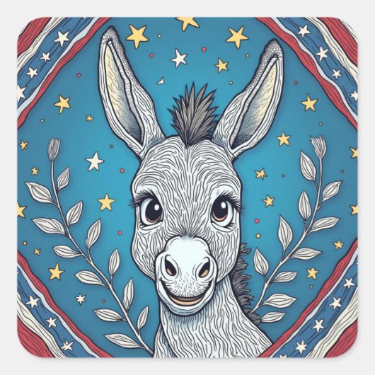 Patriotic Blue Donkey Illustration Quadratischer Aufkleber (Vorderseite)