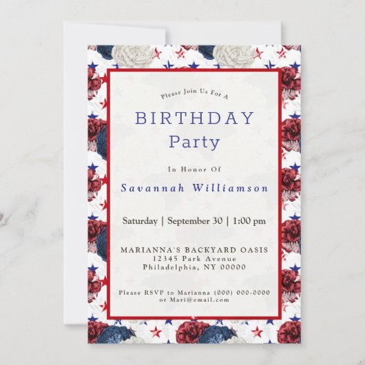 Patriotic Blue Red Star Rose Bouquet Birthday Einladung (Vorderseite)