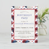 Patriotic Blue Red Star Rose Bouquet Birthday Einladung (Stehend Vorderseite)