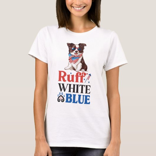 Patriotic Border Collie Ruff White & Blue T-Shirt (Vorderseite)