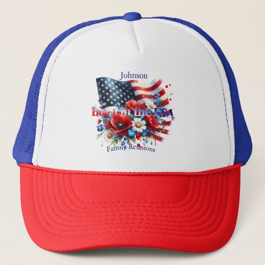 Patriotic Born in the USA Personalizable Family Truckerkappe (Vorderseite)
